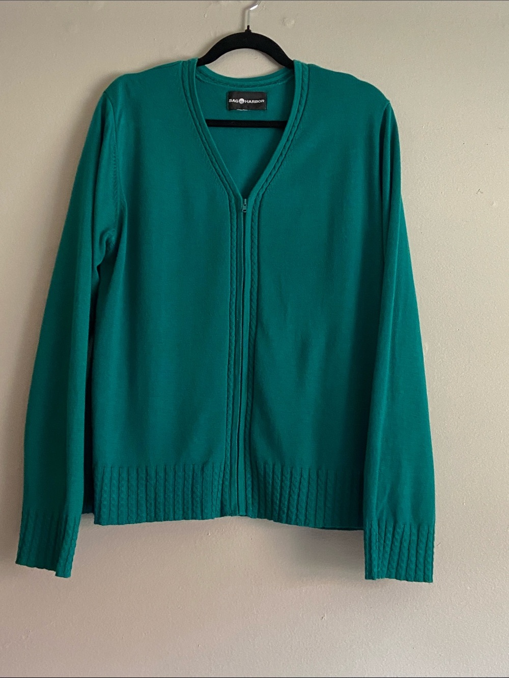 Sag Harbor Green Zip Front V-Neck Cardigan Size L